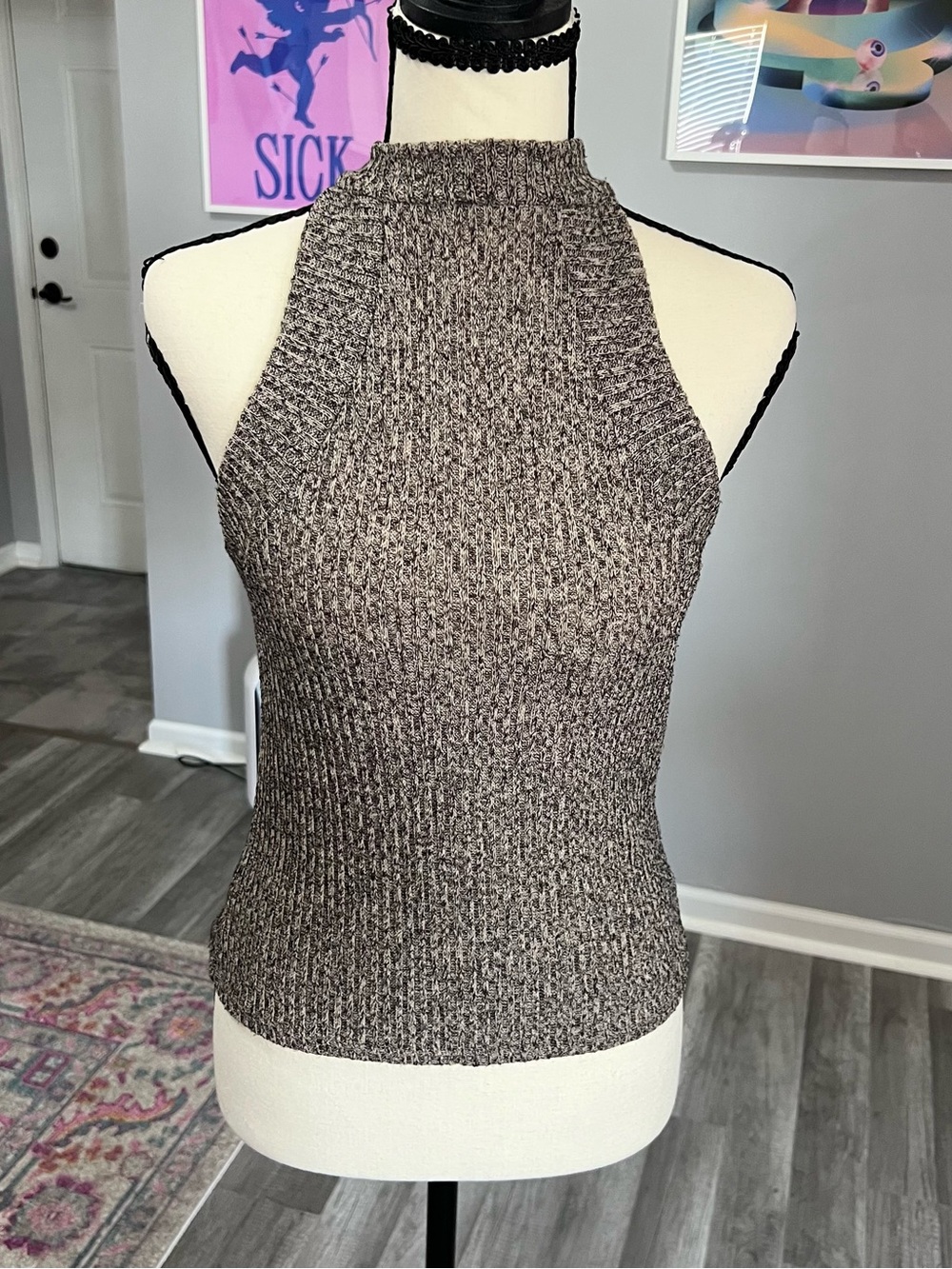 Charlotte Russe Sleeveless Ribbed Halter Top - Taupe